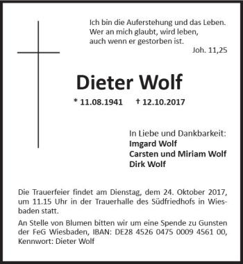Traueranzeige von Dieter Wolf von Trauerportal Rhein Main Presse