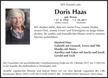 Traueranzeige von Doris Haas von Trauerportal Rhein Main Presse