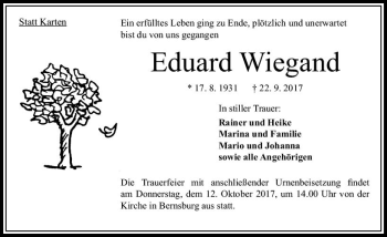 Traueranzeige von Eduard Wiegand von VRM Trauer