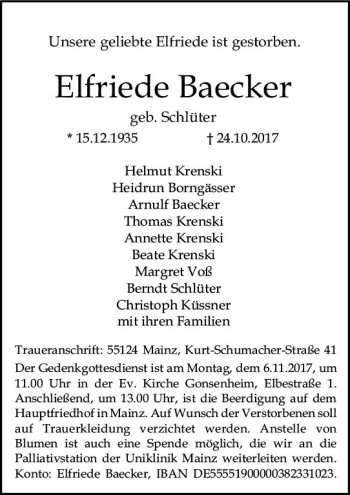 Traueranzeige von Elfriede Baecker von Trauerportal Rhein Main Presse