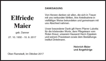 Traueranzeige von Elfriede Maier von Trauerportal Echo Online