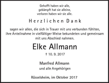 Traueranzeige von Elke Allmann von Trauerportal Rhein Main Presse