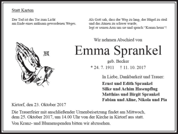 Traueranzeige von Emma Sprankel von VRM Trauer