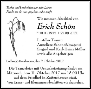 Traueranzeige von Erich Schön von  Gießener Anzeiger