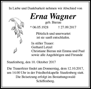 Traueranzeige von Erna Wagner von  Gießener Anzeiger