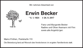 Traueranzeige von Erwin Becker von Trauerportal Rhein Main Presse