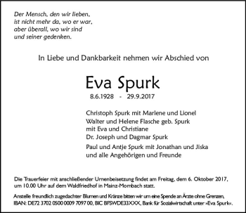 Traueranzeige von Eva Spurk von Trauerportal Rhein Main Presse