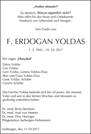Traueranzeige von F. Erdogan Yoldas von Trauerportal Rhein Main Presse
