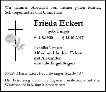 Traueranzeige von Frieda Eckert von Trauerportal Rhein Main Presse