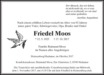 Traueranzeige von Friedel Moos von  Usinger Anzeiger