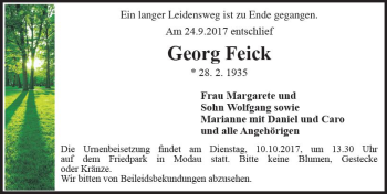 Traueranzeige von Georg Feick von Trauerportal Echo Online