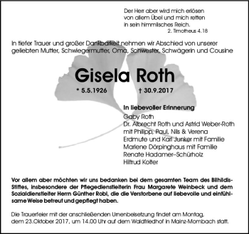 Traueranzeige von Gisela Roth von Trauerportal Rhein Main Presse