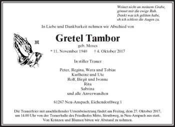 Traueranzeige von Gretel Tambor von  Usinger Anzeiger Traueranzeige von Gretel Tambor von  Usinger Anzeiger