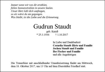 Traueranzeige von Gudrun Staudt von Trauerportal Echo Online
