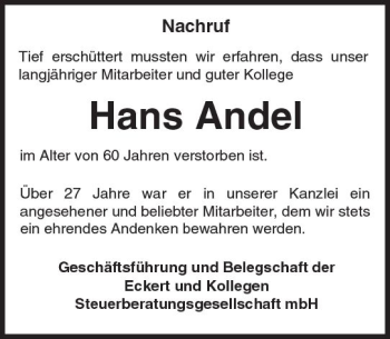 Traueranzeige von Hans Andel von Trauerportal Rhein Main Presse