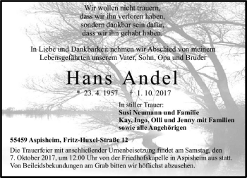 Traueranzeige von Hans Andel von Trauerportal Rhein Main Presse
