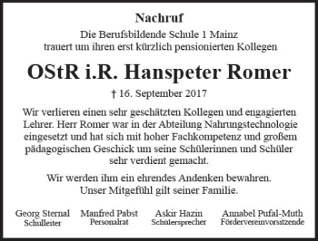 Traueranzeige von Hanspeter Romer von Trauerportal Rhein Main Presse