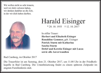 Traueranzeige von Harald Eisinger von  Camberger Anzeiger