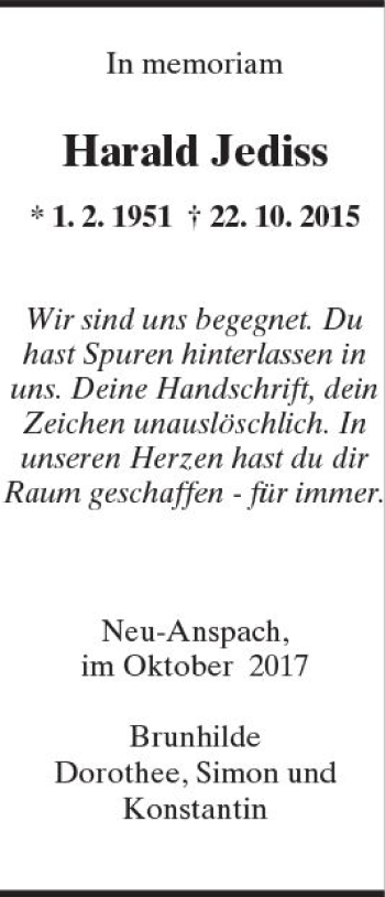 Traueranzeige von Harald Jediss von  Usinger Anzeiger