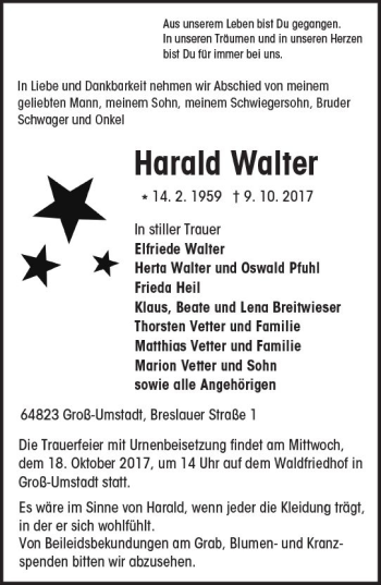 Traueranzeige von Harald Walter von Trauerportal Echo Online
