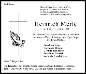 Traueranzeige von Heinrich Merle von VRM Trauer
