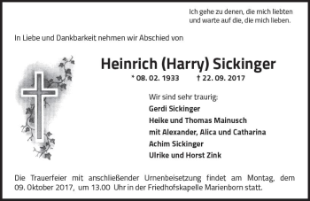 Traueranzeige von Heinrich Sickinger von Trauerportal Rhein Main Presse