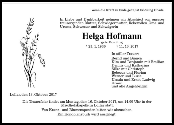 Traueranzeige von Helga Hofmann von  Gießener Anzeiger