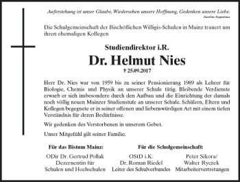 Traueranzeige von Helmut Nies von Trauerportal Rhein Main Presse