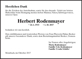 Traueranzeige von Herbert Rodenmayer von Trauerportal Rhein Main Presse