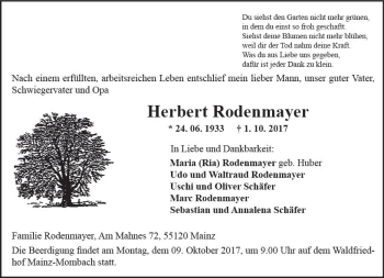 Traueranzeige von Herbert Rodenmayer von Trauerportal Rhein Main Presse