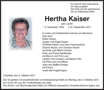 Traueranzeige von Hertha Kaiser von VRM Trauer