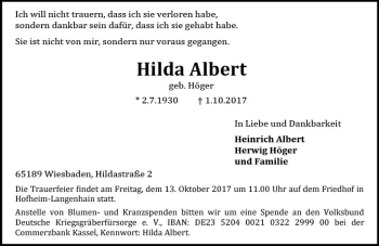 Traueranzeige von Hilda Albert von Trauerportal Rhein Main Presse