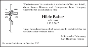 Traueranzeige von Hilde Balser von  Gießener Anzeiger