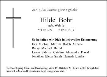 Traueranzeige von Hilde Bohr von Trauerportal Rhein Main Presse