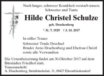 Traueranzeige von Hilde Christel Schulze von Trauerportal Echo Online