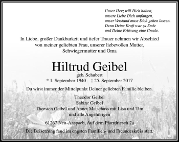 Traueranzeige von Hiltrud Geibel von  Usinger Anzeiger Traueranzeige von Hiltrud Geibel von  Usinger Anzeiger