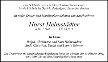 Traueranzeige von Horst Helmstädter von Trauerportal Rhein Main Presse