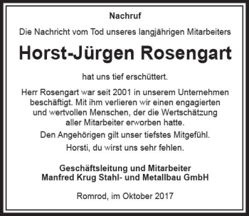 Traueranzeige von Horst-Jürgen Rosengart von VRM Trauer