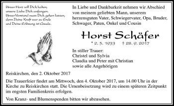 Traueranzeige von Horst Schäfer von  Gießener Anzeiger