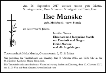 Traueranzeige von Ilse Manske von Trauerportal Rhein Main Presse