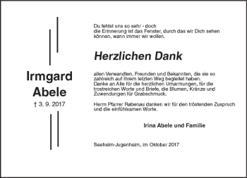 Traueranzeige von Irmgard Abele von Trauerportal Echo Online