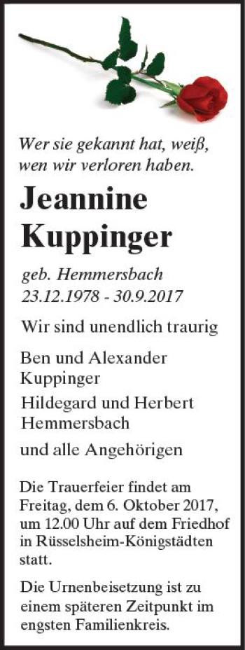 Traueranzeige von Jeannine Kuppinger von Trauerportal Rhein Main Presse