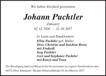 Traueranzeige von Johann Puchtler von Trauerportal Echo Online