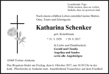 Traueranzeige von Katharina Schenker von Trauerportal Rhein Main Presse