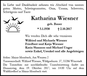 Traueranzeige von Katharina Wiesner von Trauerportal Rhein Main Presse