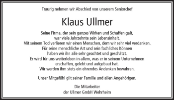Traueranzeige von Klaus Ullmer von  Usinger Anzeiger