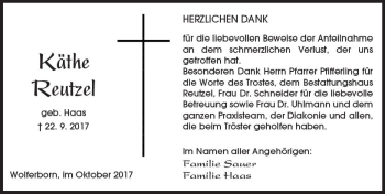 Traueranzeige von Käthe Reutzel von  Kreisanzeiger