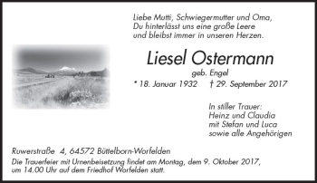 Traueranzeige von Liesel Ostermann von Trauerportal Echo Online