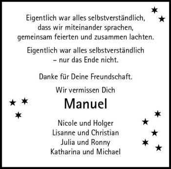 Traueranzeige von Manuel  von VRM Trauer