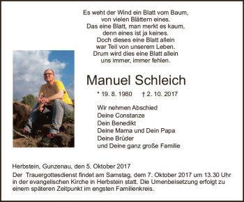 Traueranzeige von Manuel Schleich von VRM Trauer